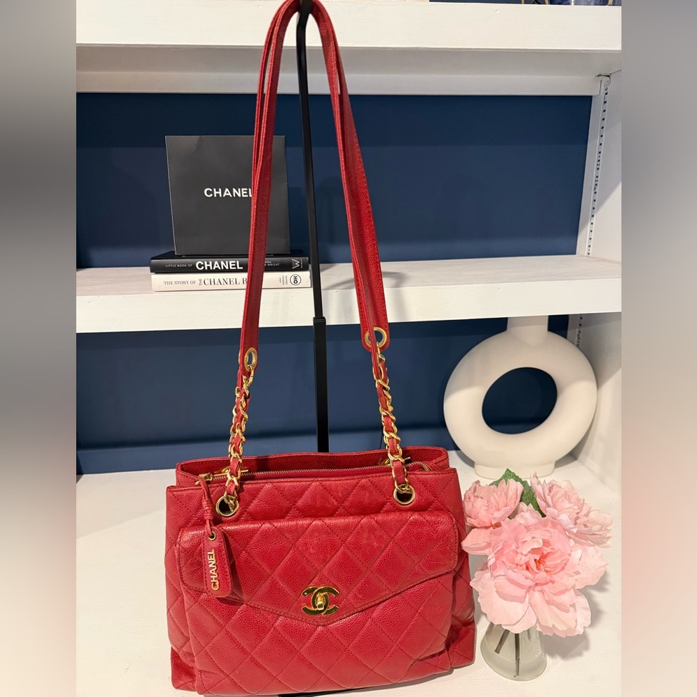 Vintage Chanel Red Quilted Caviar Shoulder Bag with Gold Accents
